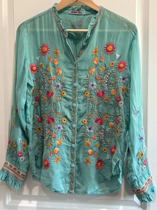 Johnny Was Tops - Johnny Was Turquoise Embroidered Button-Front Shirt